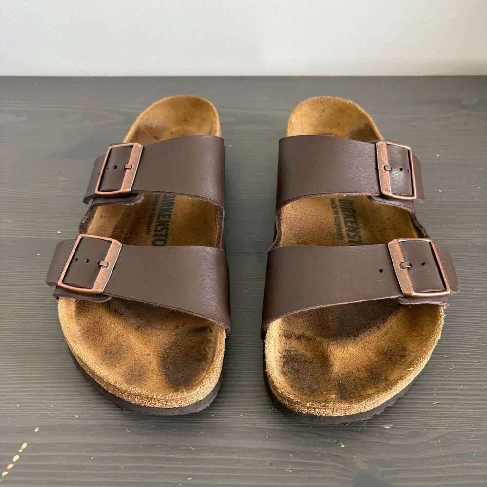 Birkenstock Sandals Arizona 38 Dark Brown Birko-Flor Two Strap Slide Comfort
